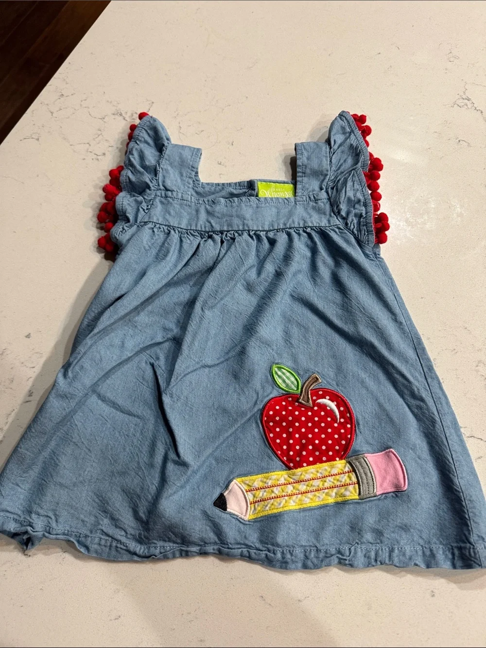 Bamboo And Cotton Blend Girls Casual Blue Chambray Dress with Red Pom Detail